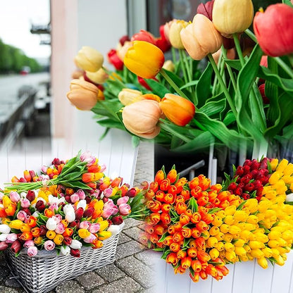 Sggvecsy 30 Pcs Fake Tulips Artificial Flowers Real Touch PU Faux Flowers Tulip Stems for Wedding Spring Bouquet Floral Arrangement Home Office Party Decorations for Mother's Day (Multi Colors)