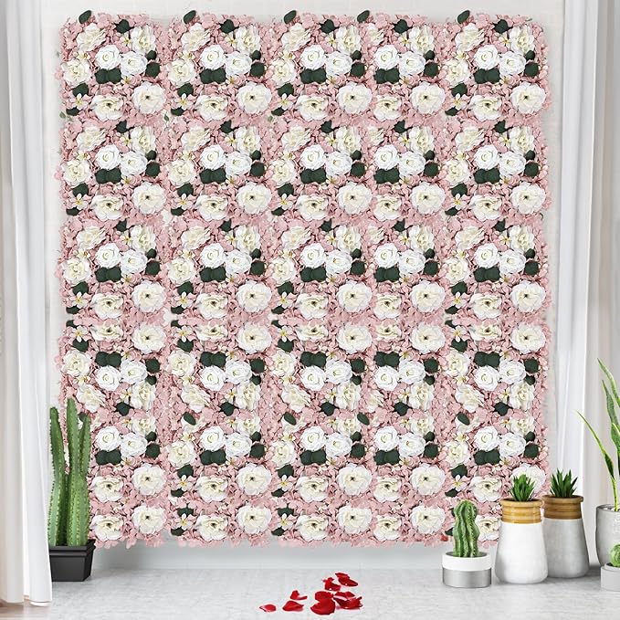 Pack of 6 Artificial Silk Flower Panels, Faux Floral Wall Background for Wedding Party Engagement Bridal Shower Arrangement Home Decorations - Dusty Pink & White