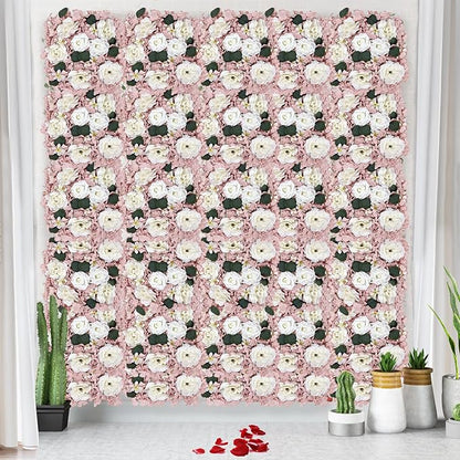 Pack of 6 Artificial Silk Flower Panels, Faux Floral Wall Background for Wedding Party Engagement Bridal Shower Arrangement Home Decorations - Dusty Pink & White