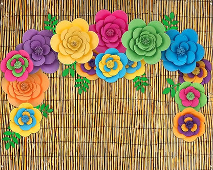 Frienda 36 Pcs DIY Paper Flower Decor Set with 83x59 Inch Custom Background Cloth and Rope, Artificial 3D Flower Wall Decor for Wall Bulletin Board Wedding Halloween Mexican Festive Party (Reed)
