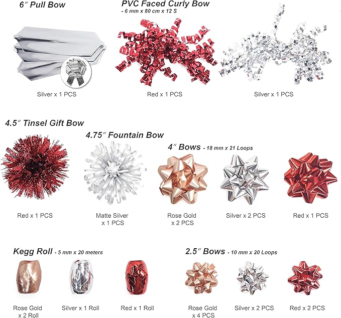 CT CRAFT LLC Gift Bows 22 PCS Set Multi Colored Assorted - Bow x 18 pcs + Kegg Roll x 4 pcs- Silver/Red/Rose Gold, Holiday Christmas Birthday Party Wrapping