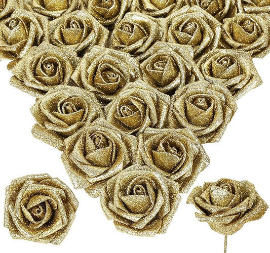 Gold Glitter Roses 30pcs Gold Roses 2.56" Glitter Flowers Artificial Roses with Stems for Centerpieces Wall Decorations Wedding Ceremony Bridal Shower Table Floral Arrangement (Gold)