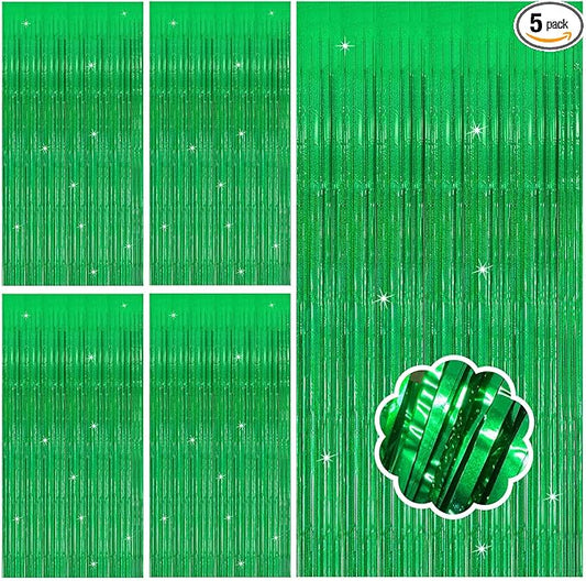 5 Pack Green Streamers Backdrop Metallic Foil Fringe Tinsel Curtains for Birthday Dinosaur Animal St Patrick's Day Football Christmas Jungle Theme Party Decorations