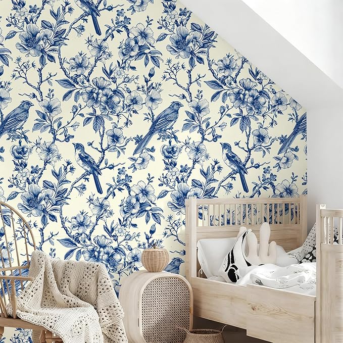 Floral Peel and Stick Vintage Animal Wallpaper Blue Bird Removable Botanical Leaf 17.7" x 118.11" Wall Paper Watercolor Self Adhesive Contact Paper for Classroom Bedroom Laundry Room Bathroom