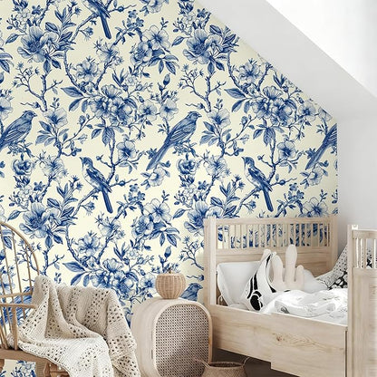 Floral Peel and Stick Vintage Animal Wallpaper Blue Bird Removable Botanical Leaf 17.7" x 118.11" Wall Paper Watercolor Self Adhesive Contact Paper for Classroom Bedroom Laundry Room Bathroom