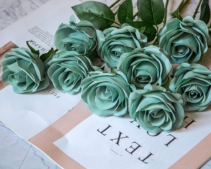 DuHouse 10pcs Fake Roses Artificial Silk Flowers Faux Rose Flower Long Stems Bouquet for Arrangement Wedding Centerpiece Party Home Kitchen Decoration(Dark Teal)
