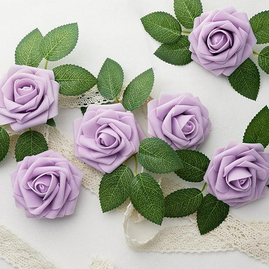 Mocoosy 50Pcs Rose Artificial Flowers, Lilac Fake Roses for Decorations, Light Purple Foam Rose Bulk with Stem DIY Wedding Bouquets Floral Arrangements Bridal Shower Centerpiece Party Home Table Decor
