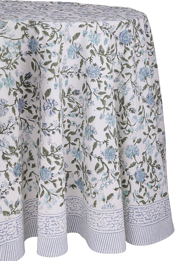 ATOSII Mahoka Blue 100% Cotton Round Tablecloth, Block Print Floral Table Cloth for Dining, Parties, Weddings, Outdoors, Holidays I 60" Inches I Grandmillennial Farmhouse Boho Spring Summer