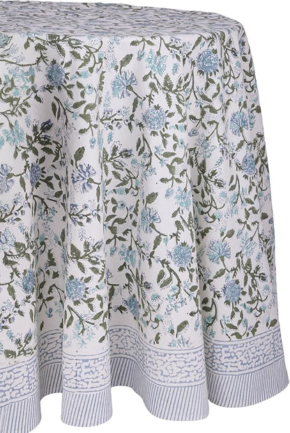 ATOSII Mahoka Blue 100% Cotton Round Tablecloth, Block Print Floral Table Cloth for Dining, Parties, Weddings, Outdoors, Holidays I 60" Inches I Grandmillennial Farmhouse Boho Spring Summer