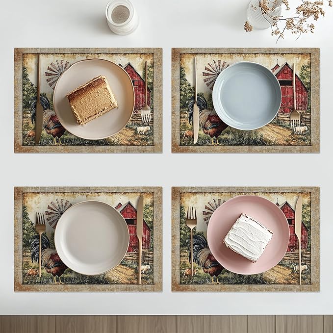 Retro Chicken Placemats Set of 4 Washable Table Farmhouse Rooster Heat-Resistant Cotton Linen Place Mats for Dining Table Kitchen Indoor Outdoor Party Holiday Decor