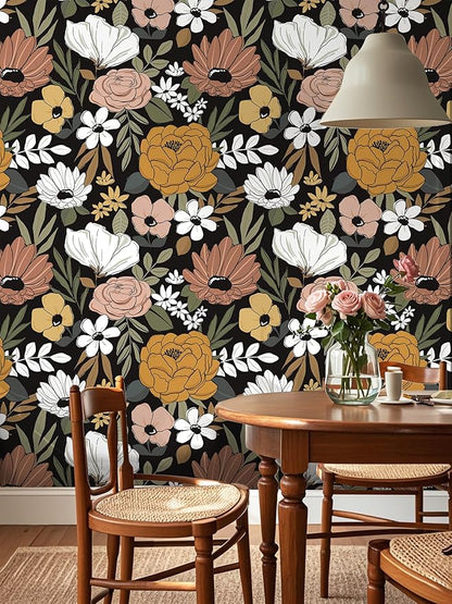 Floral Peel and Stick Wallpaper Black Removable Wallpaper Dark Boho Renter Friendly Textured Wallpapers for Bedroom Stick On Contact Paper for Locker Cabinet 17.5 x 118 in