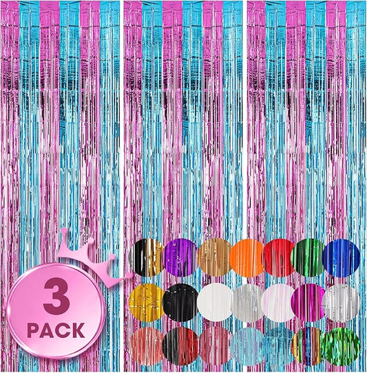 3 Pack 3.3x8.2 Feet Blue and Pink Foil Fringe Backdrop Curtains, Tinsel Streamers Birthday Party Decorations, Fringe Backdrop for Graduation, Baby Shower, Gender Reveal, Disco Party