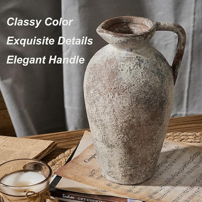 9.3 Inch Antique Ceramic Vase, Terracotta Vase with Handle, Tuscan Decor Farmhouse Decorative Vase, Rustic Vase for Home Decor, Living Room, Entryway, Wedding - Distressed Design, Gray