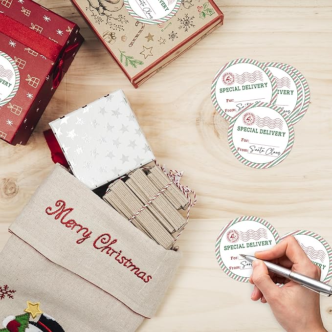 Christmas Gifts Tags Stickers from Santa, 30 Pcs Christmas Name Tags for Gifts, 2.5x2.5 Inch Holiday Presents Sticker Labels, Festive Chrismas Name Tag for Gift Wrapping Bags Classroom-D06