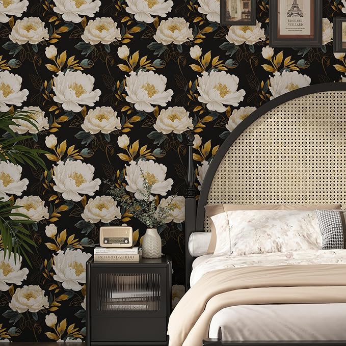 Extra Long Dark Floral Peel and Stick Wallpaper, 17.5In x 393In Vintage Big Peony Flower Waterproof Wallpaper for Room Cubicle Drawer, Vinyl Removable Contact Paper Wall Decor Black White