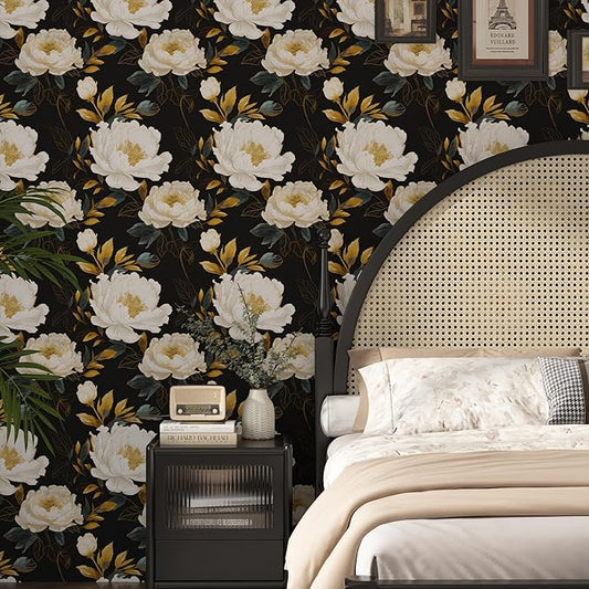 Extra Long Dark Floral Peel and Stick Wallpaper, 17.5In x 393In Vintage Big Peony Flower Waterproof Wallpaper for Room Cubicle Drawer, Vinyl Removable Contact Paper Wall Decor Black White