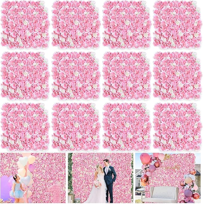 Pink Backdrop Flower Wall Panel: 24 Pcs 3D Silk Flower Wall Backdrop Artificial Hydrangea Floral Backdrop for Wedding Party Birthday Decoration (15 x 15 Inch)