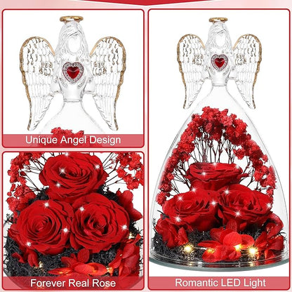 Mothers Day Rose Gifts for Women, Large Angel Figurines with Real Roses, Preserved Real Flower Rose for Her, Crystal Red