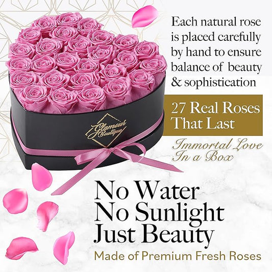 GLAMOUR BOUTIQUE 27 Flower Forever Heart Shape Box - Preserved Roses Gift for Her, Preserved Flowers, Pink