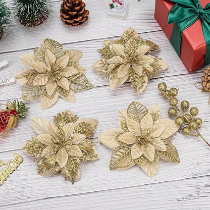 24 Pcs Gold Boxed Christmas Poinsettia Flowers Set, 16 Pcs Artificial Poinsettias with Clips, 8 pcs Glitter Christmas Tree Ornaments Berry Stems for Wedding Home Holiday Xmas New Year Decorations
