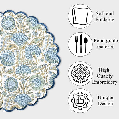 Ridhi Bo-ho Round Place Mat Easter Floral Cotton Washable Placemats 15" Round Embroidery Block Print Table Mat (Pack of 4-15 Inch Round, Asparagus Green)