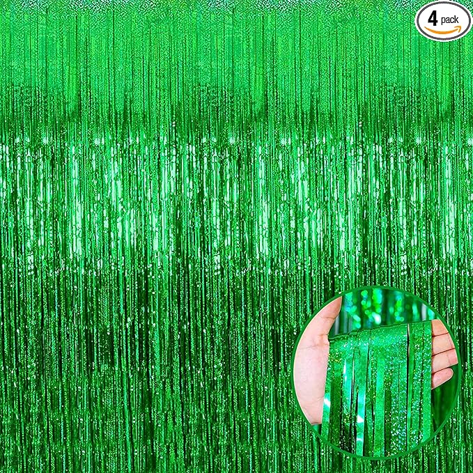 4 Pack Green Tinsel Foil Fringe Curtain Backdrop, 3.28Ft x 8.2Ft Metallic Streamers for Photo Booth Props Wedding Bridal Shower Bachelorette Birthday Carnival Easter Mother’s Day Party Decoration