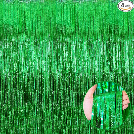4 Pack Green Tinsel Foil Fringe Curtain Backdrop, 3.28Ft x 8.2Ft Metallic Streamers for Photo Booth Props Wedding Bridal Shower Bachelorette Birthday Carnival Easter Mother’s Day Party Decoration