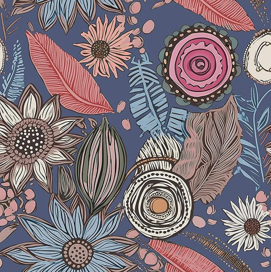 Blue Pink Wallpaper Peel and Stick,Vintage Boho Floral Contact Paper 17.5" x 393", Retro Antique Botanical Flowers Wall Paper Self Adhesive Removable Waterproof for Bathroom Shelves Cabinet Table