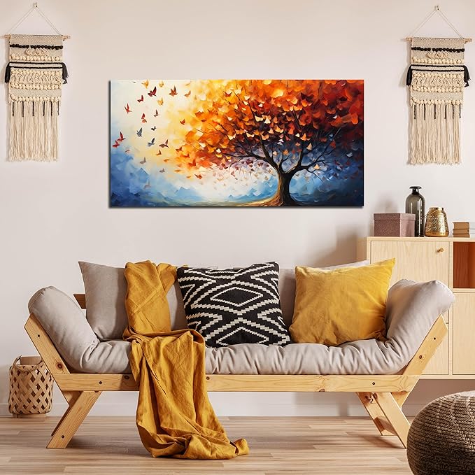 ANCXWOTER Butterfly Tree Canvas Wall Art for Living Room Bedroom Home Office Orange and Blue Colorful Butterfly Picture Tree of Life Wall Art Large Modern Canvas Prints 20x40 In