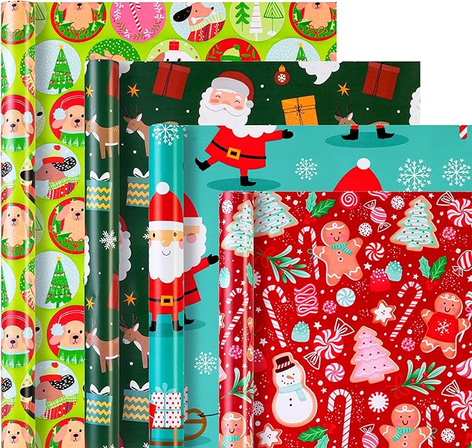 Cherubfunz Christmas Wrapping Paper (4 Rolls: 93 sq. ft. ttl) Santa Claus Carrying Gifts, Candy Cane, Reindeer, Christmas Tree/Bell, Dogs Pattern - 17 inches x 16.5 feet Per Roll