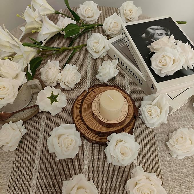 Artificial Satin Rose Flower Heads,48 Pcs Silk Rose Heads with Stems,3.3'' Rose Artificial Flowers Bulk,Artificial Rose Flower Heads for DIY Crafts Bouquet (48, White)