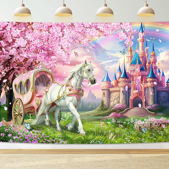 Riyidecor Princess Castle Backdrop Polyester Fabric Pink Sakura Rainbow Flowers Floral Fantasy Fairy Tale Wonderland 8Wx6H Feet White Horse Carriage Photography Background Birthday Photo Studio Shoot