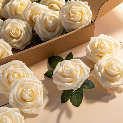 Artificial Flower Foam Rose 25pcs Real Looking Fake Rose with Stems Leaves for Home Decoration Party Garden Centerpieces DIY Wedding Bouquets（Champagne）