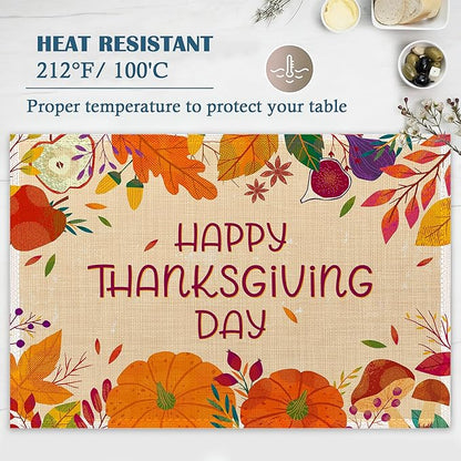 Happy Thanksgiving Day Placemats Set of 4, Linen Place Mats Heat Resistant Non-Slip Washable Table Mats for Dining Kitchen Party Decor 12"x18"