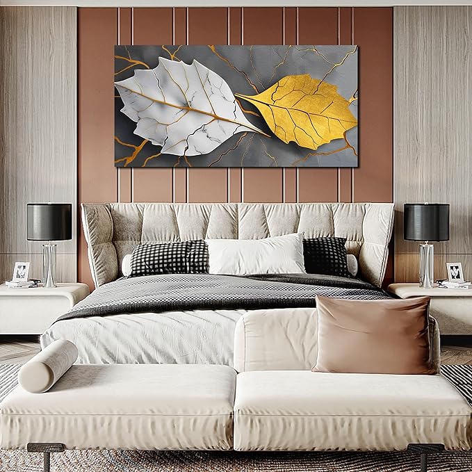 Large Canvas Wall Art for Living Room Bedroom Office Gold and White Leaves Picture Modern Canvas Prints Grey Abstract Framed Wall Decor Size 29x59