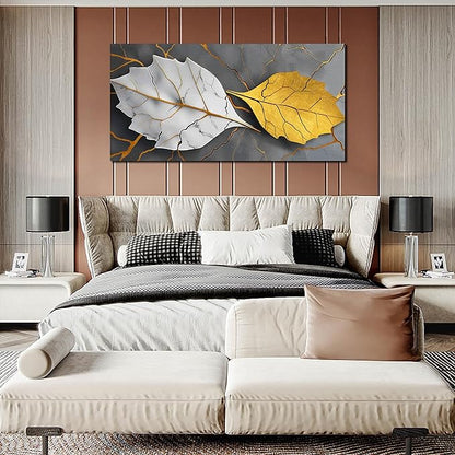 Large Canvas Wall Art for Living Room Bedroom Office Gold and White Leaves Picture Modern Canvas Prints Grey Abstract Framed Wall Decor Size 29x59