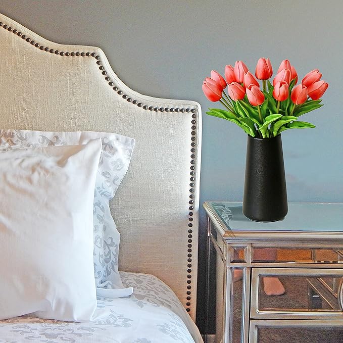 Mandy's Artificial Tulips 20 Stems Coral PU Faux Flowers for Thanksgiving and Christmas Decorations Wedding Home Decor 13.5 Inch
