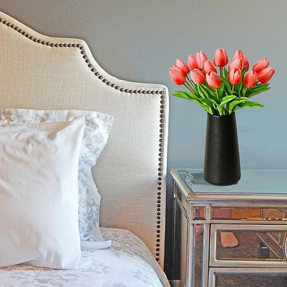 Mandy's Artificial Tulips 20 Stems Coral PU Faux Flowers for Thanksgiving and Christmas Decorations Wedding Home Decor 13.5 Inch
