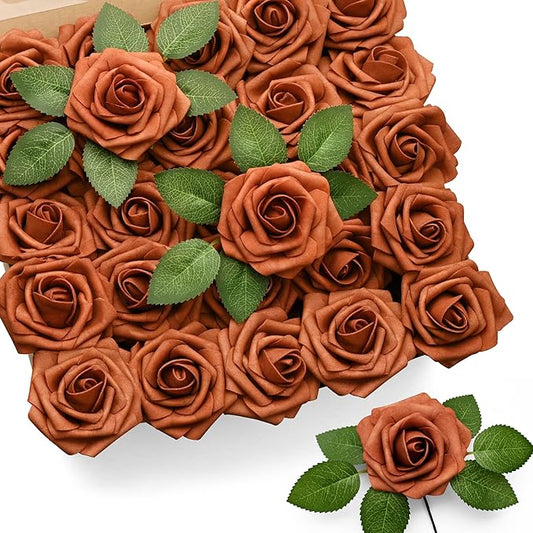 Mocoosy 50Pcs Burnt Orange Artificial Rose Flowers, Terracotta Fake Rose for Decorations, Real Touch Rust Foam Rose Bulk with Stem Wedding Floral Arrangement Bridal Shower Rustic Party Home Decor
