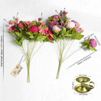 FiveSeasonStuff Mystic Blush Silk Peony & Hydrangea Bouquet with 2 Gold Taper Candle Holders; Vintage-Inspired Artificial Flowers for Weddings & Home Decor
