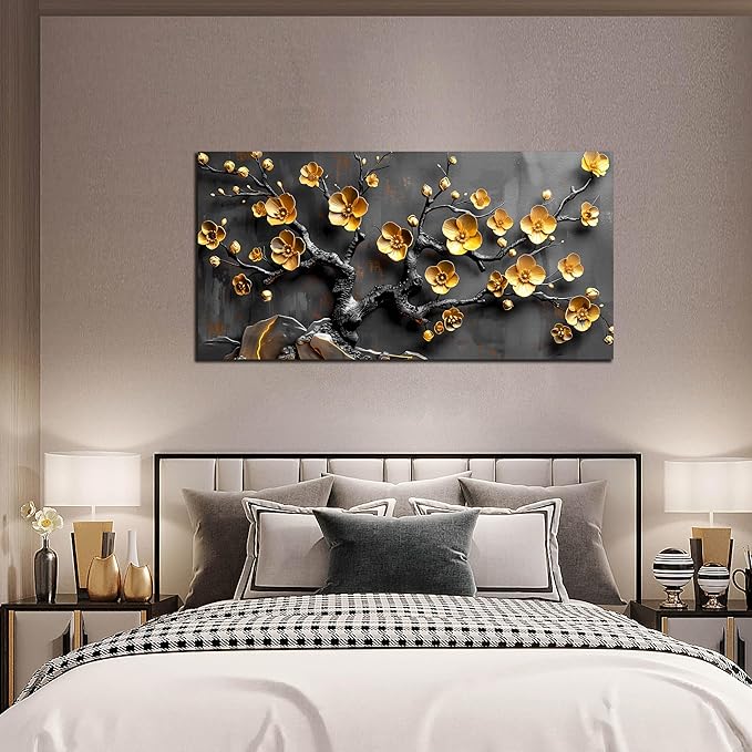 Large Canvas Wall Art for Living Room Bedroom Home Office Grey and Gold Metal Color Plum Blossom Picture Modern Canvas Prints Framed Wall Decor Size 29x59