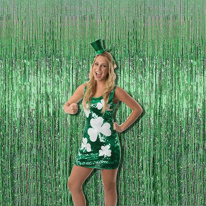 4 Pack Light Green Tinsel Foil Fringe Curtain Backdrop, 3.28Ft x 8.2Ft Metallic Streamers for Photo Booth Props Wedding Bridal Shower Bachelorette Birthday Halloween Christmas Party Decoration