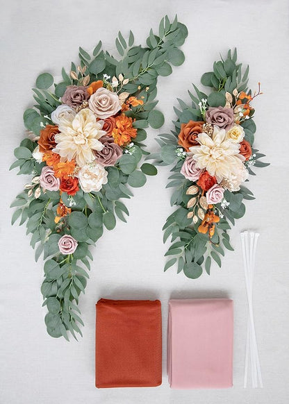 ponatia Artificial Burnt Orange Wedding Arch Flowers Kit with 2PCS Shiny Arch Chiffon Fabric, Dusty Rose Flowers for Wedding Welcome Signs Decorations and Arch Flowers for Wedding Ceremony Reception