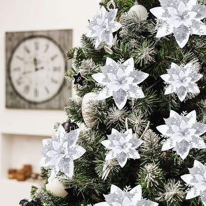 36 Pcs Christmas Glitter Artificial Poinsettia Flowers Xmas Poinsettia Artificial Wedding Flowers Decorations Xmas Tree Ornaments with Clips for Party, 6 Inch, 4 Inch, 3 Inch(Silver and White)