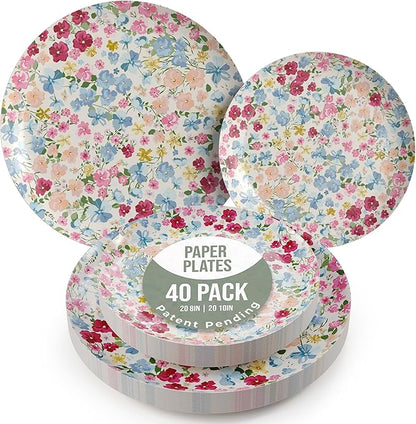 Trendables Floral Paper Plates 8.5 Inch & 10.5 Inch 40 Pcs Dinner Plate Set Fancy Disposable Plates for Party for 20 Guests 20 X 8 & 20 X 10 Large & Small Paper Plate Set for Parties Meadow