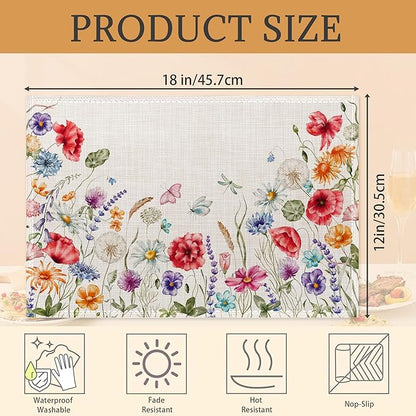 Watercolor Floral Chamomile Lavender Flowers Placemats Set of 6 Place Mats for Kitchen Table Washable Farmhouse Linen Table Mats Dining Decoration 12x18 Inch
