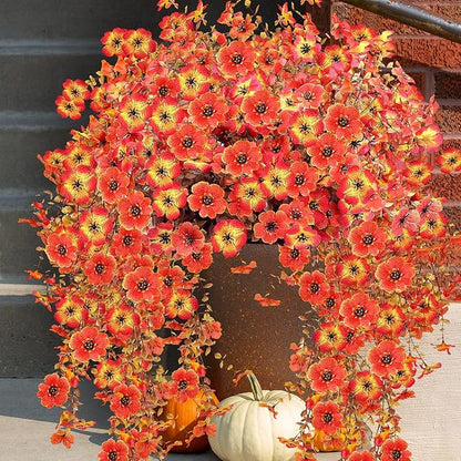 Outdoor Artificial Fall Flowers 6PCS, All Weather Fade Proof, UV Resistant Waterproof Realistic Faux Silk Mums Daisies Orange & Sunset Red for Hanging Planters Porch Patio Balcony Deck & Garden Decor