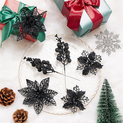 Zhuqing 22Pcs Christmas Poinsettia Artificial Flowers and Glitter Berries Stems Kit, 16Pcs Christmas Tree Flowers Ornaments and 6 Pack Christmas Tree Picks for Wedding Holiday Decorations (Black)