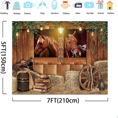 SVBright Western Cowboy Backdrop 7Wx5H Farmhouse Wooden Stable Brown Country Horse Barn Door Old Wood Wheels Boy Man Birthday Decorations Photography Background Banner Photo Booth Studio