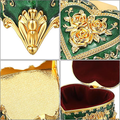 Hipiwe Vintage Jewelry Storage Box Heart Shaped Trinket Box Green Decorative Keepsake Box with Rose Pattern Treasure Organizer Holder for Women